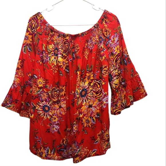 BeachLunchLounge Latoya Bell Sleeve Off Shoulder Red Floral Peasant Top Size L - Picture 4 of 7
